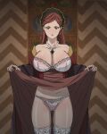 1girl angry blush bra breasts highres hilda_boreas_greyrat jewelry lactation large_breasts lingerie looking_at_viewer makeup mature_female mushoku_tensei necklace panties pearl_necklace red_hair salmon_knight skirt_hold thighhighs underwear white_panties 