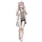  1girl animal_ears bags_under_eyes barefoot black_skirt bow breasts cat_ears cleavage cup feet full_body girls&#039;_frontline green_shirt hair_between_eyes hair_bow hand_on_own_chin head_tilt holding holding_cup infukun labcoat long_hair long_sleeves looking_at_viewer medium_breasts messy_hair non-web_source off_shoulder official_art open_mouth persica_(girls&#039;_frontline) pink_hair red_eyes scientist shirt simple_background skirt solo standing stroking_own_chin toenails toes transparent_background unbuttoned unbuttoned_shirt 
