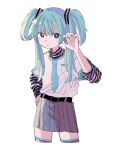  1girl @_@ adapted_costume belt black_belt black_stripes blue_eyes blush bright_pupils claw_pose closed_mouth commentary cropped_legs expressionless folded_twintails grey_skirt hair_ornament hand_on_own_hip hand_up hatsune_miku layered_shirt layered_sleeves long_hair long_sleeves looking_at_viewer necktie_print pink_shirt pleated_skirt print_shirt sakadakei shirt shirt_tucked_in short_over_long_sleeves short_sleeves simple_background skirt solo striped striped_shirt thighhighs vocaloid white_background white_pupils 