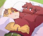  2023 absurd_res anthro bed blush bovid bovine bulge cattle clothing duo embrace felid furniture green_bell hi_res hug kemono lying male male/male mammal musclegut pantherine pillow shirt slightly_chubby tiger topwear underwear 