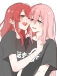  2girls black_shirt bocchi_the_rock! cheek-to-cheek commentary gotoh_hitori grey_eyes hair_between_eyes heads_together highres kessoku_band_t-shirt kita_ikuyo long_hair multiple_girls open_mouth parted_lips pink_hair red_hair shirt short_sleeves sidelocks simple_background sweat t-shirt teeth upper_body upper_teeth_only uuron_(nkktmrrr) white_background yellow_eyes yuri 