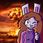  1:1 anthro clothed clothing digital_media_(artwork) explosion female fur gesture hair lagomorph legalize_nuclear_bombs leporid looking_at_viewer mammal rabbit shaded smile solo teeth thegunkster thumbs_up 
