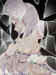  1girl app_filter back bare_shoulders bbbanira090 black_background blue_eyes blue_ribbon broken_glass colored_eyelashes commentary_request dress glass grey_hair hair_ribbon highres long_hair looking_at_viewer naked_poncho off_shoulder pandora_(re:zero) re:zero_kara_hajimeru_isekai_seikatsu ribbon ribbon-trimmed_clothes ribbon-trimmed_dress ribbon-trimmed_shirt ribbon_trim shattered simple_background smile solo white_dress white_hair 