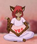  2023 absurd_res ambiguous_gender anthro clothing digital_media_(artwork) felid felin hair hi_res kawa kawaoneechan looking_at_viewer mammal meme pajama_pants pillow red_eyes red_hair shirt smile smiling_at_viewer solo t-shirt tail topwear yes_pillow 