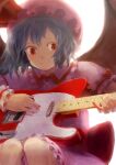  1girl blue_hair bow dress electric_guitar fender_telecaster guitar hat hat_ribbon highres holding holding_instrument instrument mob_cap music playing_instrument plectrum red_eyes remilia_scarlet ribbon short_hair short_sleeves sitting smile solo touhou wings wrist_cuffs yamamoto_suzume 