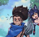  1boy 1girl :o ahri_(league_of_legends) animal_ears bare_shoulders black_hair braid breasts brown_eyes brown_hair cleavage cloud collarbone day fang fox_ears fox_girl large_breasts league_of_legends long_hair muscular muscular_male notice_lines open_mouth outdoors phantom_ix_row single_shoulder_pad teeth tree yasuo_(league_of_legends) 