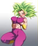  1girl abs blue_eyes breast_hold breasts commentary_request covered_nipples crop_top dragon_ball dragon_ball_super earrings green_hair impossible_clothes impossible_shirt jewelry kefla_(dragon_ball) large_breasts midriff muscular muscular_female navel panties potara_earrings purple_panties purple_tank_top raised_eyebrow rom_(20) shirt solo super_saiyan tank_top underwear 