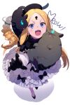  1girl abigail_williams_(event_portrait)_(fate) abigail_williams_(fate) black_headwear black_shirt blonde_hair blue_eyes blush bodystocking braid braided_ponytail breasts cat dress echo_(circa) fate/grand_order fate_(series) forehead full_body grey_dress hat keyhole long_hair long_sleeves looking_at_viewer off_shoulder open_mouth parted_bangs shirt sidelocks small_breasts very_long_hair 