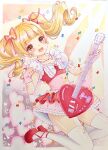  1girl aisaki_emiru blonde_hair blunt_bangs blush bow commentary_request confetti dress earrings frills gloves guitar heart heart_earrings holding holding_guitar holding_instrument hugtto!_precure instrument jewelry lilylily0601 looking_at_viewer magical_girl open_mouth orange_eyes pink_gloves precure puffy_sleeves red_bow red_footwear red_ribbon ribbon short_sleeves smile solo thighhighs twintails 