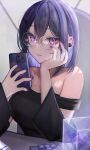  1girl alternate_costume bare_shoulders black_sweater blue_hair blue_nails breasts cellphone crossed_bangs detached_sleeves earbuds earphones elbow_rest eyeshadow glasses gradient_nails hair_between_eyes hand_on_own_cheek hand_on_own_face highres ichinose_uruha keyboard_(computer) light_blue_hair looking_at_viewer makeup medium_hair mole mole_on_breast mole_under_eye off-shoulder_sweater off_shoulder phone purple_eyes purple_nails red_eyeshadow selfie smartphone solo sweater taking_picture virtual_youtuber vspo! wakka_irasuto 