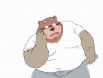  2023 anthro bear black_nose blush bottomwear brown_body clothing hi_res kemono male mammal overweight overweight_male pants pommn_mn shirt simple_background solo topwear white_background 