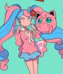  1girl blue_hair blue_skirt closed_mouth collared_shirt commentary_request crossover eyelashes flower green_background hair_flower hair_ornament hands_up hatsune_miku highres index_fingers_raised jigglypuff long_hair nail_polish pink_eyes pink_hair pink_nails pink_sweater pokemon pokemon_(creature) project_voltage red_flower shirt simple_background skirt sweater twintails tyako_089 vocaloid white_shirt 