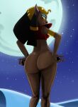  2023 big_butt black_hair brown_body butt clothed clothing disney disney&#039;s_aladdin felid female hair hands_on_hips headgear headwear hi_res legs_together look_behind looking_at_viewer mammal mirage_(disney) night partially_clothed simple_background solo sssonic2 third-party_edit xoxmatch_(artist) yellow_eyes 