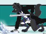  2021 anthro black_body black_fur black_hair canid canine canis claws clenched_teeth clothing fan_character fur hair holding_object holding_sword holding_weapon ice jacket kneeling male mammal marcushunter melee_weapon pigtails raised_tail signature skinsuit smile solo sword tail teeth tight_clothing tiptoes toe_claws topwear weapon wolf 