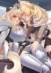  2girls :p animal_ear_fluff animal_ears arknights armor armored_boots belt black_belt black_bow black_gloves black_headwear black_shorts black_thighhighs blemishine_(arknights) blonde_hair blue_eyes blush boots bow breastplate breasts capelet closed_mouth commentary eyelashes face-to-face fang feet_out_of_frame fur_trim garrison_cap gauntlets gloves grey_capelet grey_shirt hair_bow hand_on_another&#039;s_face hat highres holding_another&#039;s_wrist horse_ears horse_girl horse_tail incest long_hair long_sleeves looking_at_another medium_breasts multiple_belts multiple_girls open_mouth ponytail seto_tinami shirt short_shorts shorts shoulder_armor signature sitting smile standing sweatdrop tail thighhighs tongue tongue_out whislash_(arknights) yellow_eyes yuri zettai_ryouiki 