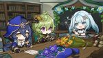  3girls :d absurdres ahoge aqua_hair bare_shoulders blue_hair blue_hood book bookshelf bouquet bracelet breasts chibi closed_mouth collei_(genshin_impact) detached_sleeves dress drill_hair drill_sidelocks faruzan_(genshin_impact) flower genshin_impact gloves green_eyes green_hair hair_between_eyes hair_ornament highres hood indoors jewelry layla_(genshin_impact) long_hair long_sleeves multiple_girls official_art open_mouth paper pencil purple_eyes short_sleeves sidelocks small_breasts smile standing triangle-shaped_pupils white_dress x_hair_ornament yellow_eyes 