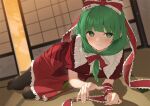  1girl blunt_bangs blurry blurry_background blush bow breasts closed_mouth commentary_request commission dress fingernails frilled_shirt_collar frills front_ponytail full_body green_eyes green_hair hair_bow indoors kagiyama_hina kanpa_(campagne_9) light_smile long_hair looking_at_viewer no_shoes on_floor pantyhose puffy_short_sleeves puffy_sleeves red_bow red_dress short_sleeves shouji sitting skeb_commission sliding_doors small_breasts solo tatami toes touhou twilight yokozuwari 