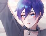  1boy arms_up black_choker blue_eyes blue_hair choker commentary dot_nose grey_shirt guilty_(module) hair_between_eyes kaito_(vocaloid) long_sleeves looking_at_viewer male_focus project_diva_(series) shirt short_hair solo tongue tongue_out vocaloid ye1it7zzedh55jn 