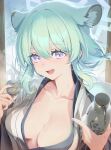  1girl :d animal_ear_fluff animal_ears blue_archive blue_eyes blurry blurry_background blush breasts cat_ears cleavage collarbone cup english_commentary fang green_hair hair_between_eyes highres holding indoors japanese_clothes kimono long_hair long_sleeves looking_at_viewer medium_breasts medium_hair no_bra off_shoulder onsen open_clothes open_mouth penguin_say purple_eyes shigure_(blue_archive) shigure_(hot_spring)_(blue_archive) shirt short_hair smile solo tail upper_body wet white_shirt yukata 