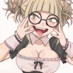  1girl alternate_costume blonde_hair blunt_bangs boku_no_hero_academia breasts cleavage detached_collar enmaided fangs frilled_wrist_cuffs large_breasts maid messy_hair open_mouth sidelocks slit_pupils solo t_jiroo_(ringofriend) toga_himiko tongue tongue_out upper_body white_background wrist_cuffs yellow_eyes 