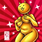  1:1 breast_grab breasts covering covering_breasts covering_self domestic_cat felid feline felis female gatogenerico glistening glistening_body gold_(metal) gold_body hand_on_breast happy hi_res mammal simple_face slightly_chubby smile the_battle_cats thick_thighs wide_hips 