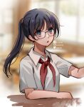  1girl black_eyes black_hair blurry blurry_background breasts classroom collared_shirt commentary glasses highres indoors looking_to_the_side medium_breasts neck_ribbon open_mouth original ponytail red_ribbon ribbon rulacloi school_uniform shirt short_sleeves solo symbol-only_commentary table twitter_username upper_body vietnam white_shirt 