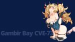 1girl 1other black_bra black_panties blonde_hair blue_background blue_eyes blue_shirt blush bra breast_pocket breasts character_name cleavage clothes_pull collared_shirt commentary_request gambier_bay_(kancolle) gloves hair_between_eyes hairband heart highres kantai_collection kusanagi_tonbo large_breasts long_hair off_shoulder open_mouth panties panty_pull photoshop_(medium) pocket shirt short_sleeves shorts shorts_pull simple_background single_glove solo_focus star_(symbol) star_print strap_slip tears thighs twintails underwear 
