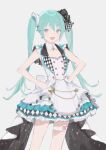  1girl aqua_eyes aqua_hair bow buttons checkered_bow checkered_clothes double-breasted dress earrings frilled_dress frills hands_on_own_hips hatsune_miku highres idol jewelry long_hair looking_at_viewer more_more_jump!_(project_sekai) more_more_jump!_miku open_mouth project_sekai sleeveless sleeveless_dress smile solo thigh_strap twintails very_long_hair vocaloid white_dress wing_collar yyuuu75 