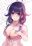  1girl ahoge bikini black_bikini blush breasts dated eiji_(monochromexd) hair_flaps hairband highres kantai_collection large_breasts long_hair looking_at_viewer low_twintails official_alternate_costume purple_hair red_eyes ryuuhou_(kancolle) solo swimsuit taigei_(kancolle) twintails twitter_username upper_body white_background 