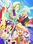  1girl 3boys barry_(pokemon) bettie_(pokemon) blonde_hair blue_hair blue_sky brown_eyes clenched_hand crossed_arms cuteskitty highres metagross milotic multiple_boys musical_note open_mouth pikachu piplup pokemon pokemon_(creature) pokemon_(game) pokemon_dppt pokemon_masters_ex pokemon_oras scarf sky smile sparkle steven_stone upper_body wallace_(pokemon) 
