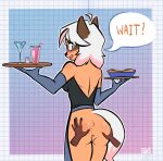  anthro anus butt canid canine clothing disembodied_hand female ghost_hands half_naked hi_res mammal naet raccoon_dog solo solo_focus spread_butt spreading tanuki uniform waiter 