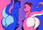  2016 all_fours alternate_color anthro big_butt blue_background blue_body blue_eyes blue_scales blue_skin breasts butt countershade_butt countershade_genitalia countershade_pussy countershade_tail countershade_torso countershading digital_media_(artwork) duo female genitals gradient_background herm_(lore) jeffron june_(justathereptile) komodo_dragon lizard looking_at_viewer looking_back monitor_lizard non-mammal_breasts nude nude_anthro pink_background pink_body pink_scales pink_skin presenting purple_background pussy raised_tail red_eyes reptile scales scalie scutes simple_background smile smiling_at_viewer tail watermark 