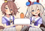  2girls ;d animal_ears blue_hairband blush bori_(3910234) bow bowtie brown_hair brown_tail cake carrot collarbone commentary_request eyes_visible_through_hair fang flying_sweatdrops food gradient_background grey_hair grey_tail hair_between_eyes hairband highres holding holding_cake holding_food horse_ears horse_girl horse_tail korean_commentary long_hair looking_at_viewer mixed-language_commentary multiple_girls narita_taishin_(umamusume) one_eye_closed open_clothes open_vest pleated_skirt puffy_short_sleeves puffy_sleeves purple_bow purple_bowtie purple_serafuku purple_shirt purple_vest sailor_collar sailor_shirt school_uniform serafuku shirt short_hair short_sleeves skirt smile sparkle sweat tail tamamo_cross_(umamusume) tracen_school_uniform umamusume very_long_hair vest whipped_cream white_sailor_collar white_skirt 