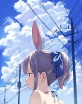  1girl absurdres animal_ears blue_bow blue_ribbon blue_sky bow brown_eyes cloud commentary_request day from_behind from_side grey_hair hair_bow hair_ribbon highres indie_virtual_youtuber long_hair mochizuki_himari power_lines rabbit_ears ribbon sidelocks sky solo tansui_san_(tcjp4784) utility_pole virtual_youtuber 
