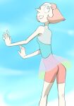  1girl :d ass blue_sky breasts cloud colored_skin forehead_jewel gem haruyama_kazunori pale_skin pearl_(steven_universe) short_hair shorts sky smile solo steven_universe white_skin 