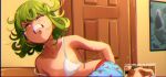  1girl ^_^ bare_arms bare_shoulders bra clenched_teeth closed_eyes commentary door greatest_freakout_ever green_hair highres implied_object_insertion indoors khyle. multiple_views one-punch_man strap_slip tatsumaki teeth underwear white_bra 