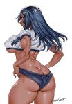  1girl adjusting_clothes adjusting_panties artist_name ass back blue_hair breasts covered_nipples dark-skinned_female dark_blue_hair dark_skin from_behind grey_eyes highres killing_bites large_breasts long_hair looking_at_viewer looking_back muscular muscular_female official_art panties parted_lips profile sahara_rio signature simple_background solo straight_hair sumita_kazuasa thighs underboob underwear white_background 