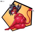  anthro anus big_butt breasts butt demon female fours_(artist) genitals helluva_boss hi_res imp looking_at_viewer millie_(helluva_boss) one_eye_closed pussy red_body signature simple_background solo spread_butt spreading tongue tongue_out wink winking_at_viewer 