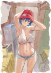  beanie blue_eyes breasts cleavage collarbone covered_nipples cropped_shirt denim denim_shorts english_text hat head_tilt indoors izumo_fuuko large_breasts light_blush looking_at_viewer navel red_eyes red_headwear see-through see-through_shirt short_hair short_shorts shorts smile tomboy undead_unluck yugen99 