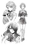  3girls bow bowtie cellphone collared_shirt cropped_jacket earphones flip_phone full_body gapamopa greyscale highres kirijou_mitsuru loafers long_hair looking_at_viewer monochrome multiple_girls parted_lips persona persona_3 phone shirt shoes short_hair skirt steepled_fingers sweater takeba_yukari upper_body yamagishi_fuuka 