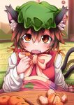  1girl absurdres animal_ear_fluff animal_ears arm_support blush bow bowtie brown_eyes brown_hair cat_ears cat_tail chen earrings fang fingernails fisheye flat_chest food fruit gold_trim hair_between_eyes hat highres holding holding_food holding_fruit jewelry kotatsu long_sleeves looking_at_viewer mandarin_orange mob_cap moroqoishii multiple_tails nail_polish nekomata open_mouth red_nails red_vest sharp_fingernails single_earring sitting solo table tail tatami touhou two_tails under_kotatsu under_table upturned_eyes vest yellow_bow yellow_bowtie 
