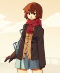  1girl ayase_fuuka bag blue_skirt brown_eyes brown_gloves brown_hair brown_jacket closed_mouth cowboy_shot gloves highres jacket long_sleeves plaid plaid_skirt pleated_skirt red_scarf scarf school_bag shirt short_hair skirt smile solo standing yellow_shirt yotsubato! 