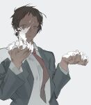  1boy adachi_tooru blue_eyes brown_hair closed_mouth collared_shirt commentary_request grey_background hands_up kaninn long_sleeves looking_at_viewer male_focus necktie persona persona_4 red_necktie shirt short_hair simple_background solo upper_body white_shirt 