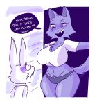 anthro big_breasts black_body breasts buckteeth canid canine canis clothing comic duo evil_grin female grey_eyes hi_res lagomorph leporid male mammal rabbit renita_reed scared shirt smile spanish_text surprise tail teeth text thick_thighs topwear translated white_body wolf 