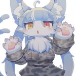  2023 5_fingers ahoge anthro bayachao big_ears biped black_pupils blue_body blue_ears blue_fur blue_hair blue_inner_ear blue_tail blush breasts brown_clothing brown_topwear camo camo_clothing camo_print camo_topwear cheek_tuft chest_tuft chibi claws clothed clothing colored countershade_face countershade_fur countershade_hands countershading crossgender cute_fangs digital_media_(artwork) domestic_cat eyelashes facial_tuft felid feline felis female finger_claws fingerpads fingers forked_tail front_view fur grey_claws hair half-length_portrait handpaw heterochromia hi_res inner_ear_fluff japan_air_self-defense_force kemono looking_at_viewer mammal monotone_ears monotone_tail mtf_crossgender multicolored_body multicolored_fur omaneko_(jasdf) open_mouth orange_eyes pattern_clothing pattern_topwear pawpads paws pigtails pink_eyes pink_pawpads pink_tongue portrait pupils shaded signature simple_background slit_pupils solo standing tail tongue topwear tuft twintails_(hairstyle) two_tone_body two_tone_fur unusual_anatomy unusual_tail whiskers white_background white_body white_countershading white_fur white_inner_ear_fluff 