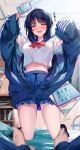  1girl artist_name black_hair blue_jacket blue_pants blue_skirt blush bow bowtie cellphone commentary_request highres hirai_yuzuki holding holding_phone indoors jacket kneeling long_hair looking_at_viewer midriff navel on_bed open_clothes open_jacket open_mouth original pants phone pleated_skirt pov red_bow red_bowtie red_eyes school_uniform shirt short_sleeves signature skirt smartphone solo_focus translation_request white_shirt 