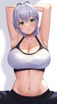  1girl :o armpits arms_up black_pants breasts cleavage green_eyes grey_hair hair_ornament highres hololive large_breasts looking_at_viewer menmen_(menmen13s) navel pants shirogane_noel short_ponytail solo sports_bra stomach stretching sweat virtual_youtuber white_sports_bra 
