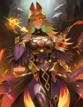  1girl artist_name black_footwear black_gloves black_skirt boots bow_(weapon) breasts cleavage commentary dark_skin fire fire_emblem fire_emblem_heroes gloves green_hair holding holding_bow_(weapon) holding_weapon laegjarn_(fire_emblem) laegjarn_(flame_ascendant)_(fire_emblem) large_breasts looking_at_viewer meziosaur navel official_alternate_costume red_eyes skirt weapon 