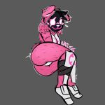  anthro armor bear butt clothed clothing digital_media_(artwork) epic_games eye_scar facial_scar female fortnite fur grey_background hair looking_at_viewer low_res mammal natuss pink_body raven_team_leader scar simple_background sketch smile solo 