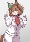  1girl :d animal_ears aston_machan_(umamusume) aston_martin baseball_cap breasts brown_hair commentary formula_one green_eyes green_headwear hair_ornament hair_scrunchie hat highres honda horse_ears horse_girl horse_tail index_finger_raised jacket large_breasts looking_at_viewer name_connection pants red_jacket red_scrunchie satomura_kyou scrunchie side_ponytail simple_background smile tail track_jacket umamusume white_background white_jacket white_pants 